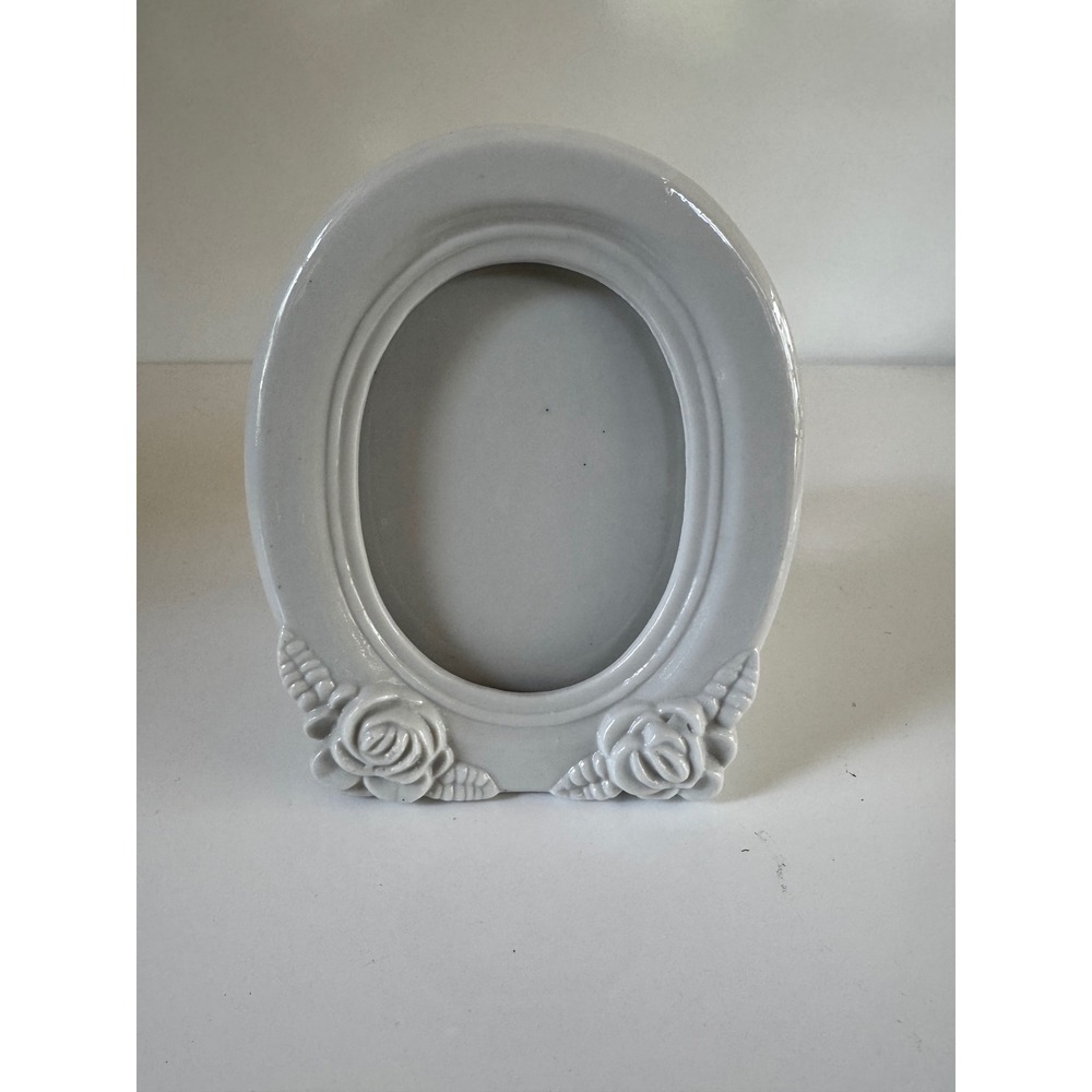 Vintage White Ceramic Picture Frame Box Rose Floral Embossed Vanity Organizer 6"